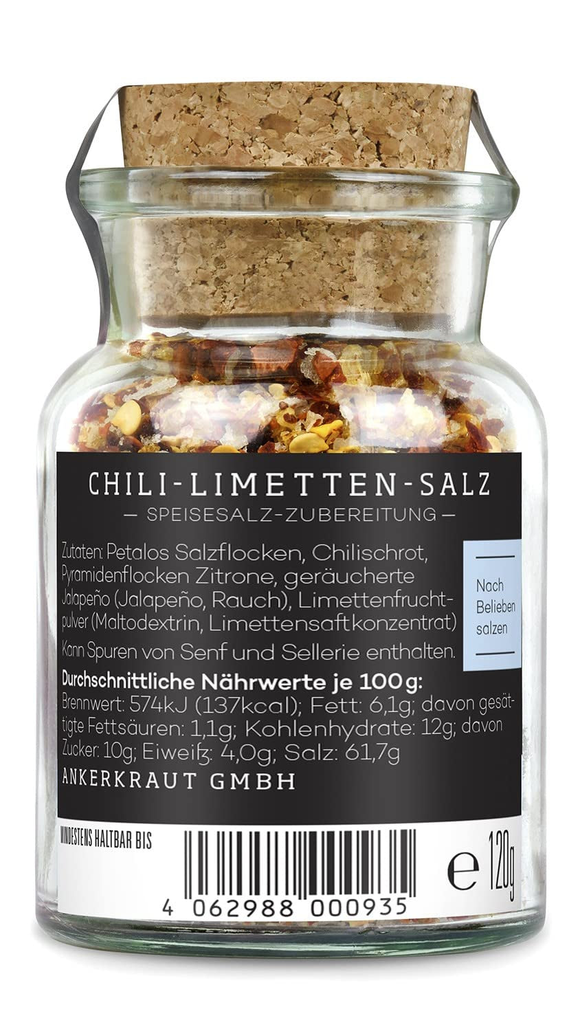 Ankerkraut Chili-Limetten-Salz, 70g im Korkenglas, Speise-Salz Mischung für Steak Fisch Salat Asia Gerichte, Allrounder mit Geschmack und Qualität