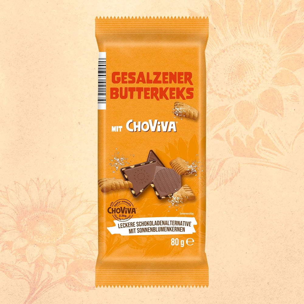 Biscuite cu unt sărat și ChoViva, baton de 80g, făcute din alternativă la ciocolată cu semințe de floarea-soarelui
