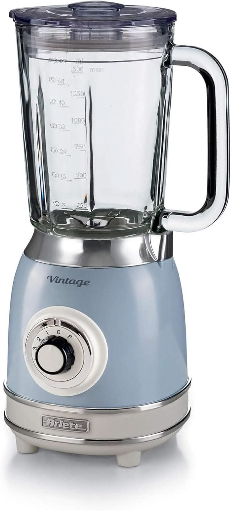 Ariete Vintage 583 Mixer Aus Glas, Retro Multifunktionsmixer Mit 4 Klingen, 4 Geschwindigkeiten + Pulse-Funktion, Ice-Crusher Funktion, 1,5 Liter Fassungsvermögen, 1000W, Grün Bucatarie Naty Shop Hellblau Single