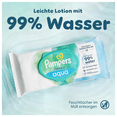 Șervețele umede Pampers Harmony Aqua, 6 pachete a câte 48 de șervețele fiecare, 288 de șervețele în total, ajutând la restabilirea echilibrului natural al pH-ului pielii, loțiune ușoară cu 99% apă