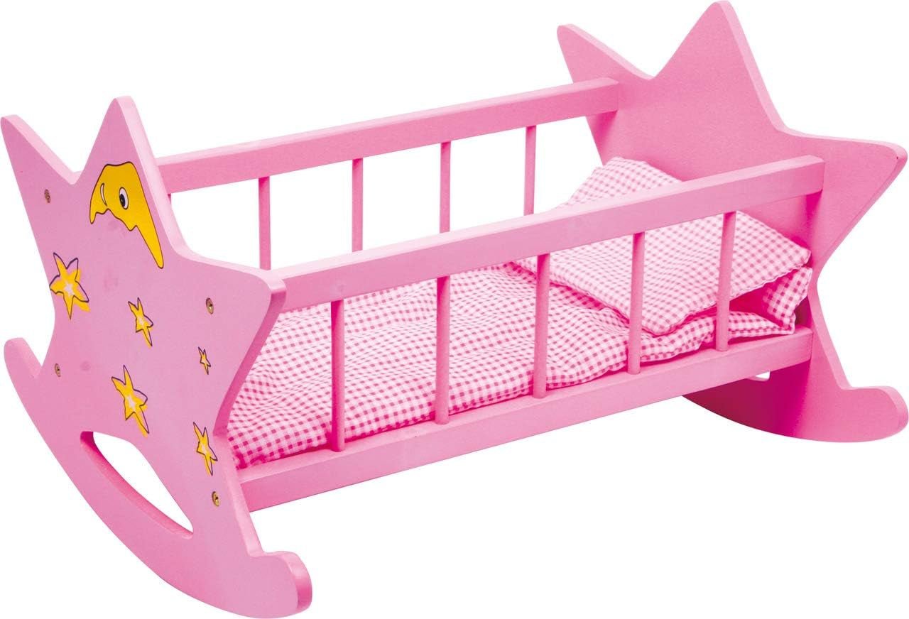 small foot Puppenwiege „Stern“ aus Holz, in rosa mit Mond und Sternen, für Puppen bis 45 cm, ab 3 Jahren, 2865, Klein