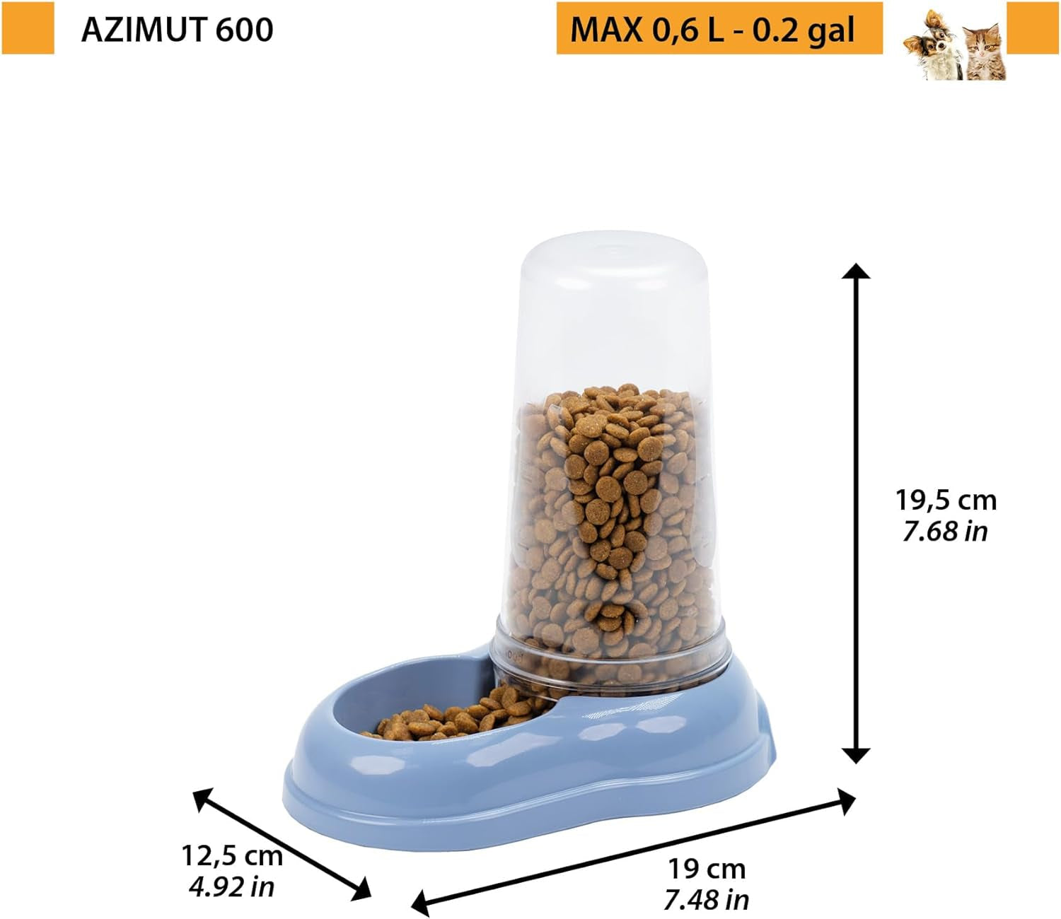 Ferplast AZIMUT 600 Dispenser de hrană și apă pentru câini și pisici, capacitate 0,6 litri, bază antiderapantă, 12,5 x 19 x Î 19,5 cm, albastru