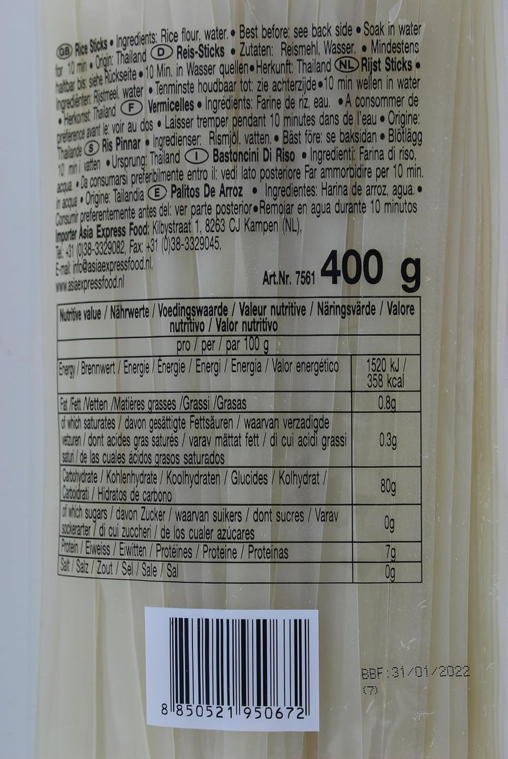 Tăiței de orez – thailandezi, tăiței panglică de orez cu lățimea de 10 mm, făcuți din făină de orez, drepți – 1 x 400 g