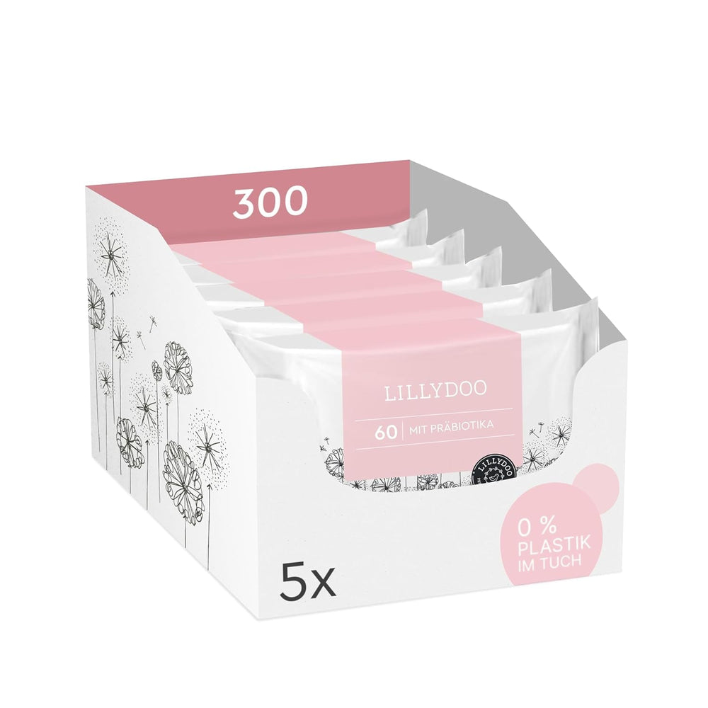 Șervețele umede LILLYDOO verzi, 600 bucăți (10 x 60), șervețel 100% fără plastic, rezistent la rupere - fără parfum, delicate și naturale, curățare delicată pentru pielea sensibilă, testate dermatologic