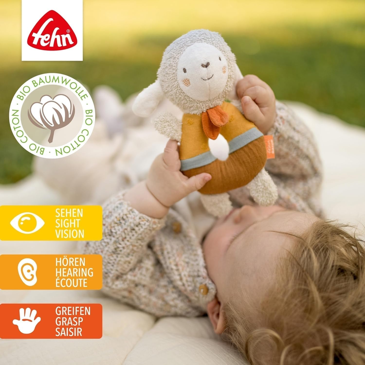 Fehn baby inel de prindere jucărie oaie fehnNATUR - jucărie de pluș cu bumbac organic - jucărie pentru copii cu clopoțel și jucărie pentru învățare jucăușă - jucărie de prindere pentru bebeluși și copii mici de la 0+ luni Jucarii Bebe Naty Shop