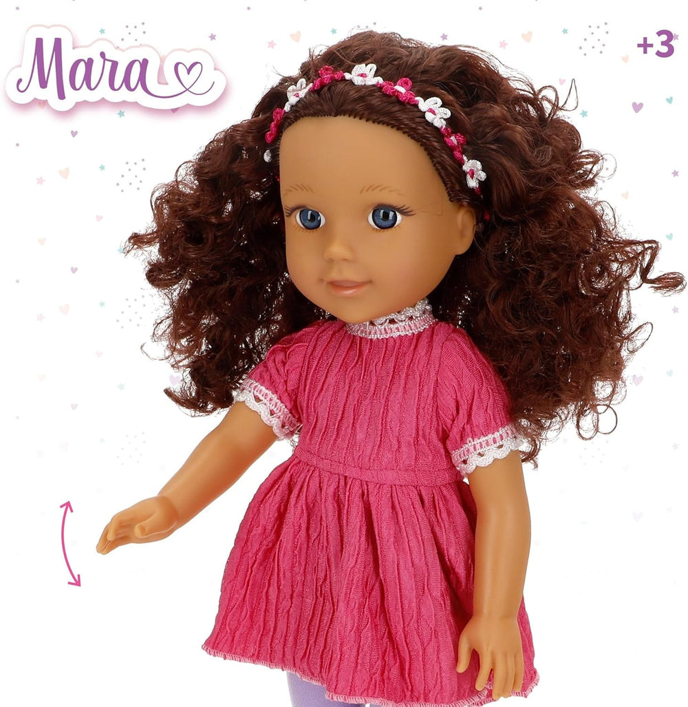 Mara 39361 Kinderpuppe, beweglich, 36 cm, lockiges braunes Haar, lässiger Stil, inklusive Kleidung, realistische Puppen, Spielzeug für Kinder ab 3 Jahren, Kinder
