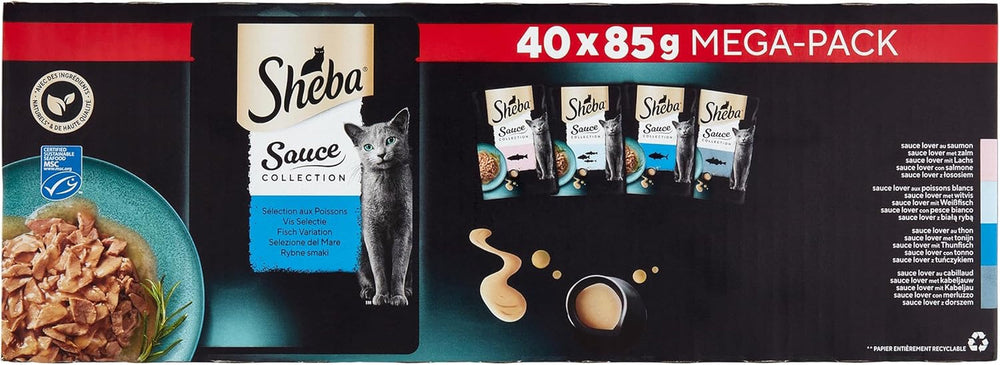 Pliculețe Sheba Sauce Collection Freshness, hrană umedă, selecție de pește pentru pisici adulte, 4 varietăți, 40 x 85 g