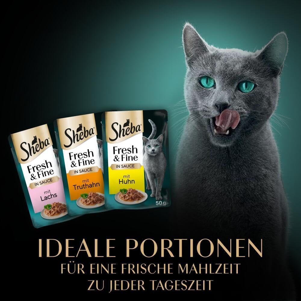 Sheba Portion Pouches Hrană umedă pentru pisici, pachet multiplu Fresh & Fine în sos cu pui și somon MSC, 6x6x50g - Mese rafinate pentru pisici în sos