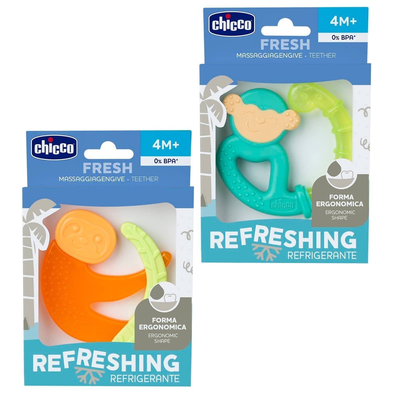 Inel de dentiție Chicco Fresh&Relax Maimuță sau Leneș, 4M+, umplut cu apă sterilă