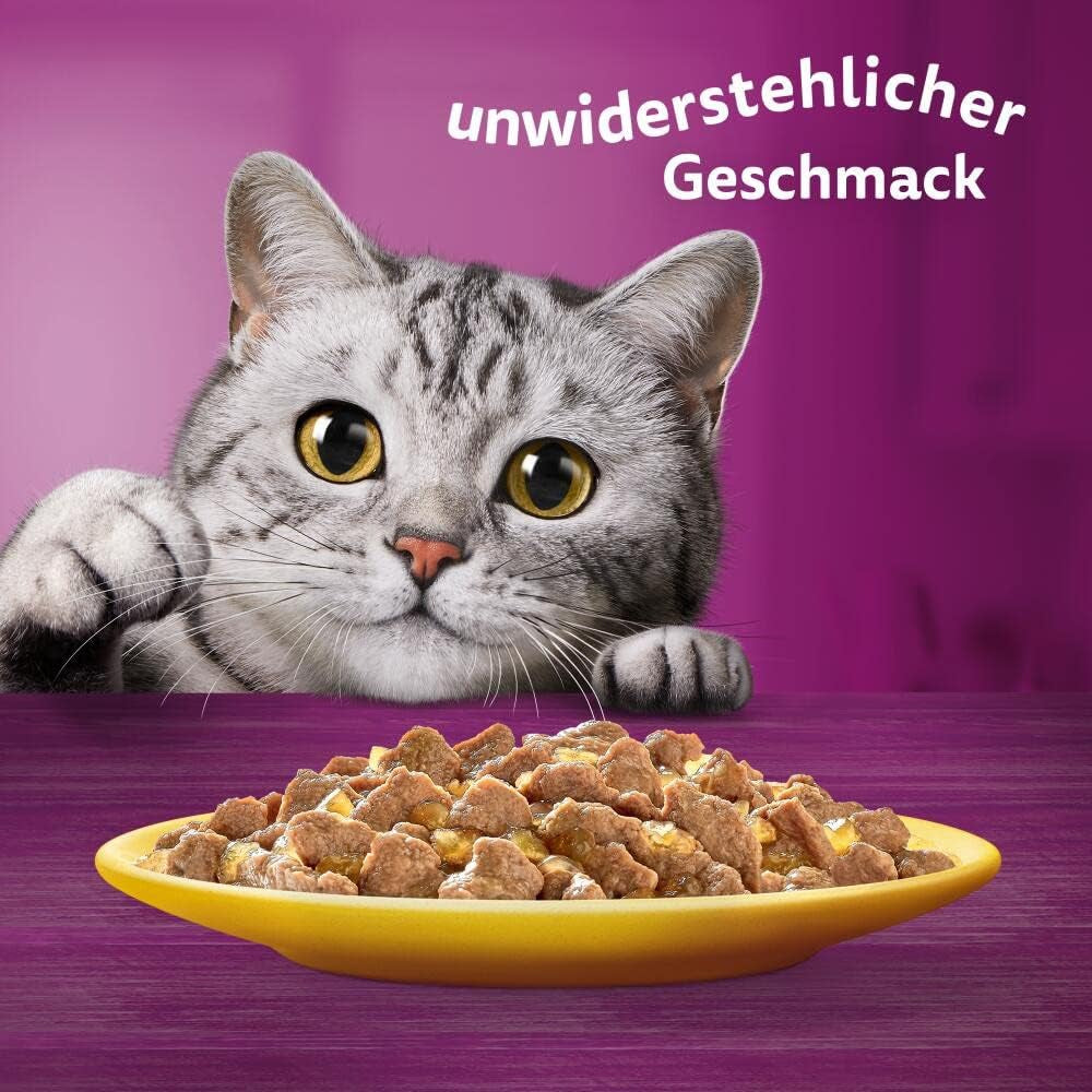 Hrană umedă Whiskas 1+ pentru pisici cu pui în jeleu, 28x85g (1 pachet) – Hrană umedă de înaltă calitate pentru pisici adulte în pliculețe cu 28 de porții