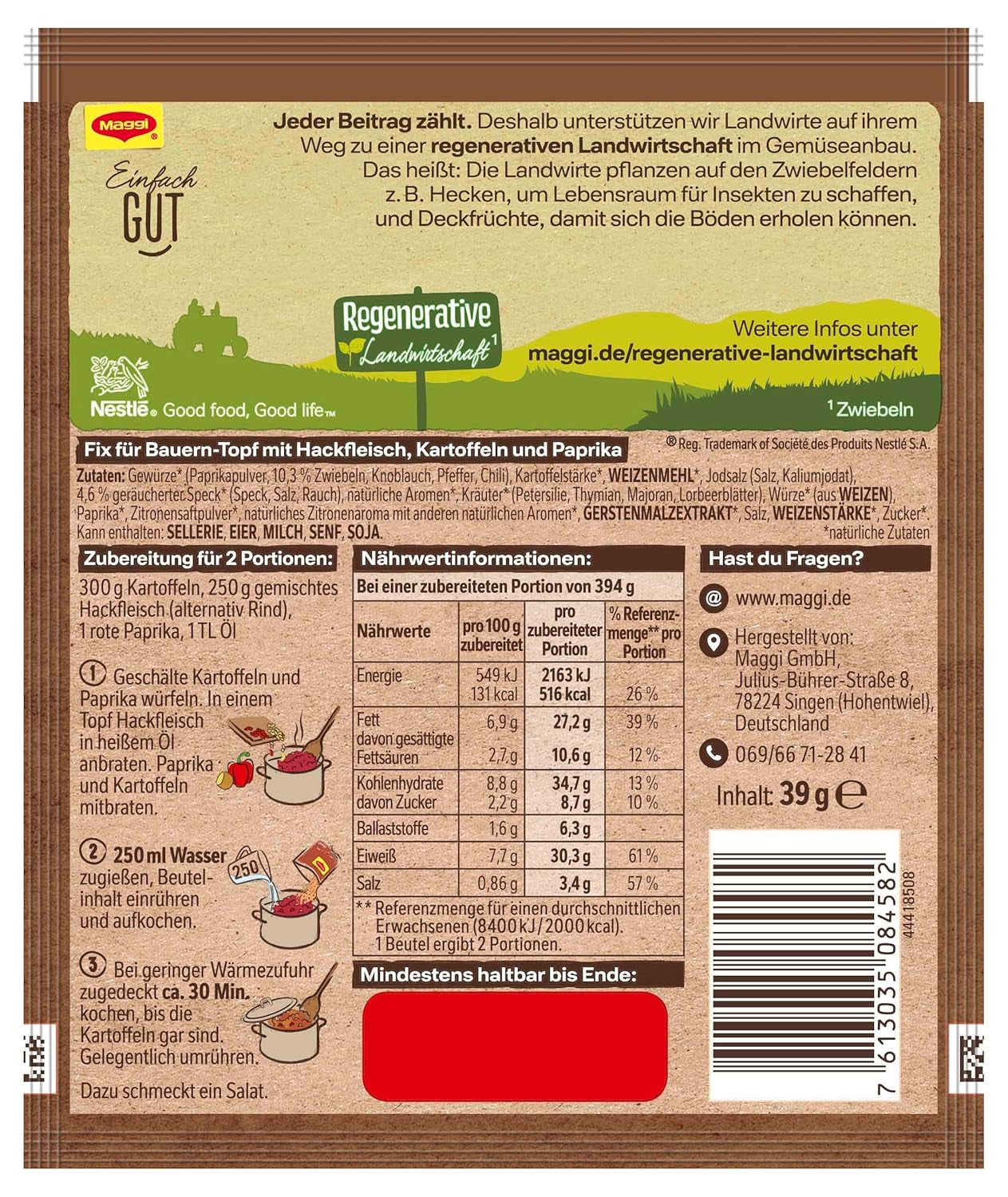 MAGGI Fix für Bauern-Topf mit Hackfleisch, Würzmischung, mit natürlichen Zutaten*, für 2 Portionen, 1er Pack (1 x 39g )
