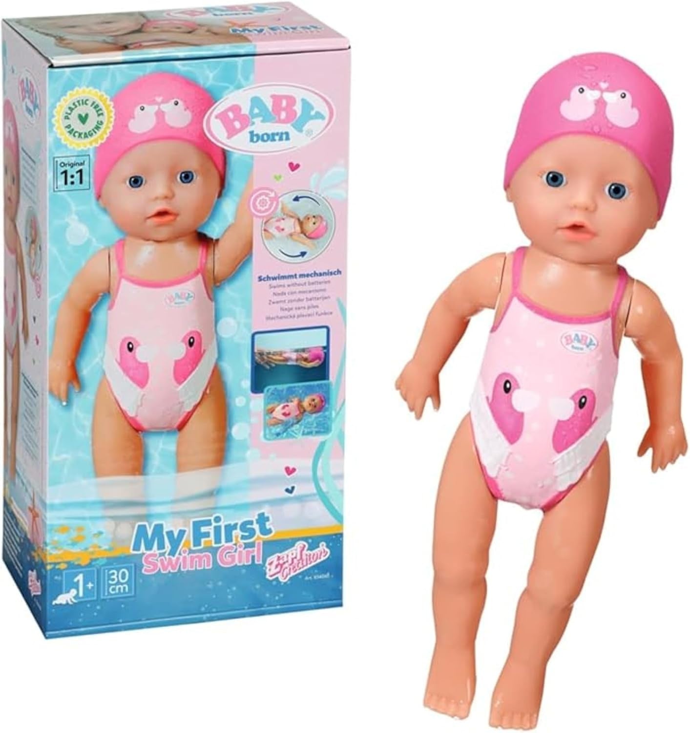 BABY Born Prima Mea Fată Înotătoare - Păpușă de 30 cm - Păpușă de baie cu mecanism de întors, impermeabilă - Funcționează fără baterii - Potrivită pentru copii de 1 an și peste