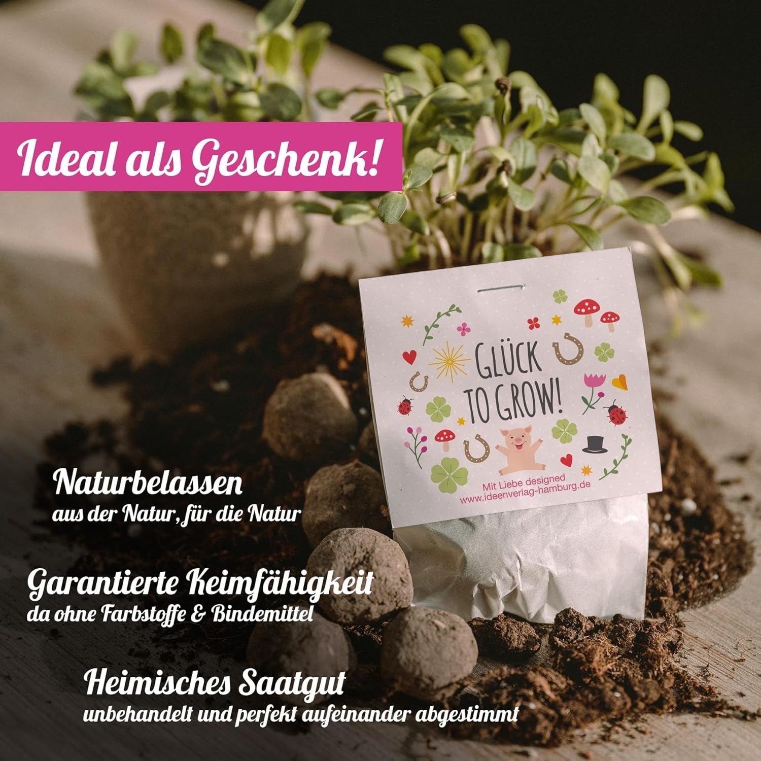 10x "Glück to grow" Samenbomben als Glücksbringer 2026 & Blumensamen Geschenk | Mitbringsel Erwachsene & kleine Gastgeschenke Silvester - Kleeblatt Glücksbringer Prüfung - inkl. Geschenkkarten Set