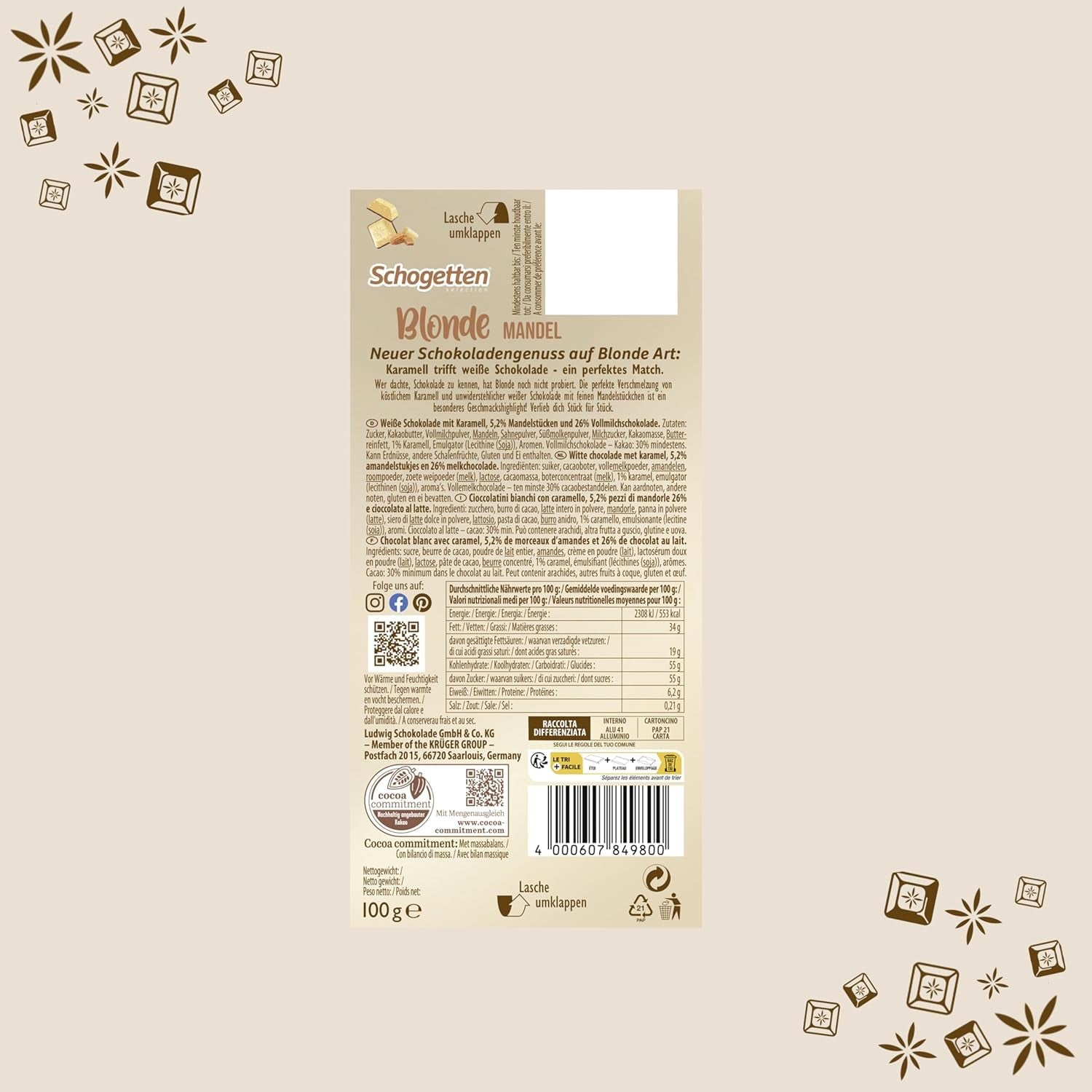 Schogetten Blonde Almond | Ciocolată albă cu caramel și bucăți de migdale | 100 g | Porționat convenabil (pachet de 2)