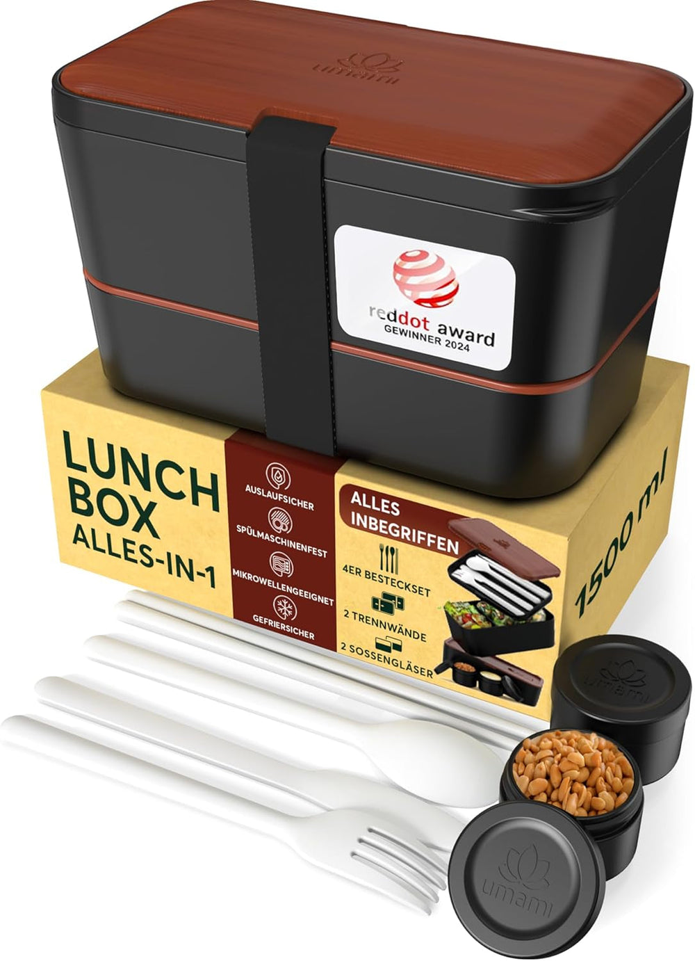 Cutie de prânz Umami pentru adulți, cutie bento stivuibilă etanșă cu 4 tacâmuri și compartimente, cutie de prânz pentru adulți, recipient pentru salată to-go, cutie de prânz pentru picnic / birou, gri cărbune, 1500 ml Cutii depozitare alimente Naty Shop Sapele negru L - 1500 Ml Stivuibile unul în celălalt