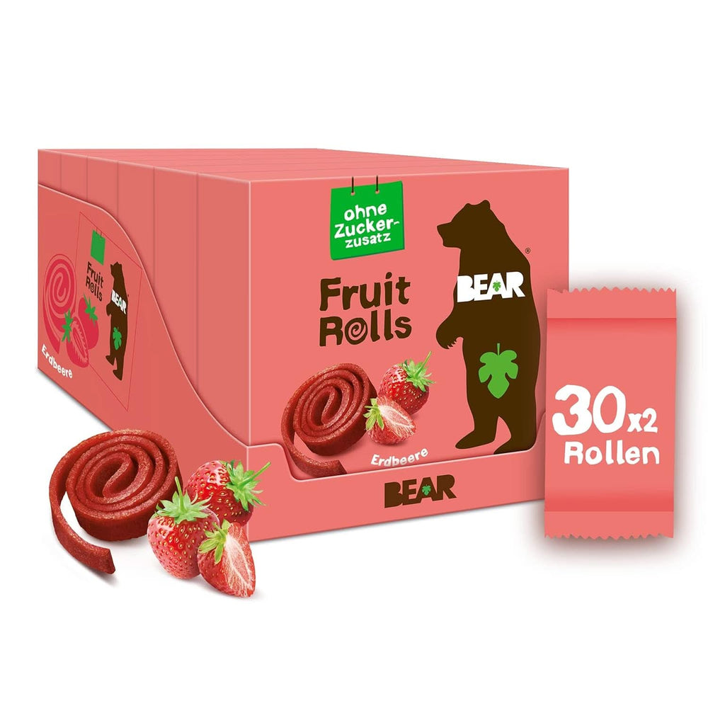 Rulouri de fructe BEAR cu căpșuni, 100% ingrediente naturale, 30 x 20 grame Produse deshidratate Naty Shop Căpșuni