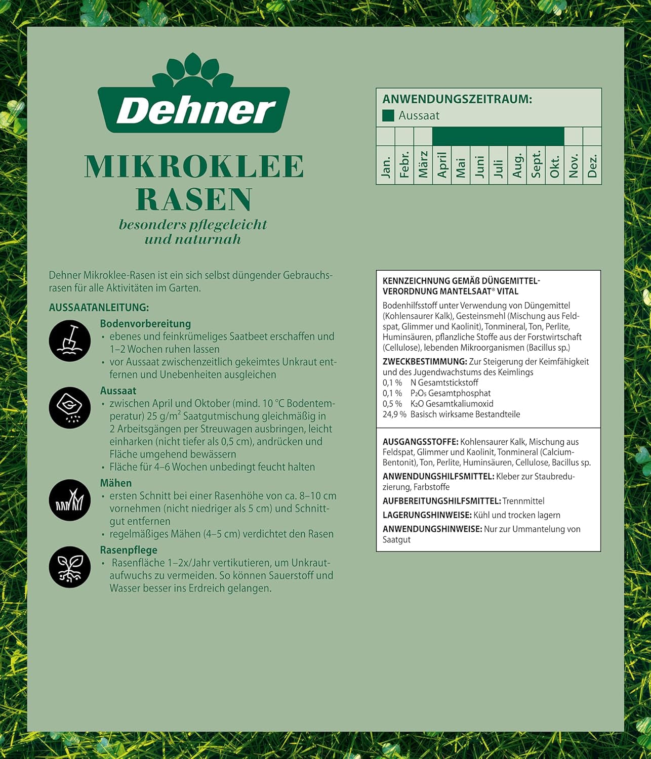 Dehner Saatgut Rasensamen, Mikroklee-Rasen, Hochwertige Saatgutmischung, Selbstdüngend/Selbstkeimend, 625 G, Für Ca. 25 M², Natur