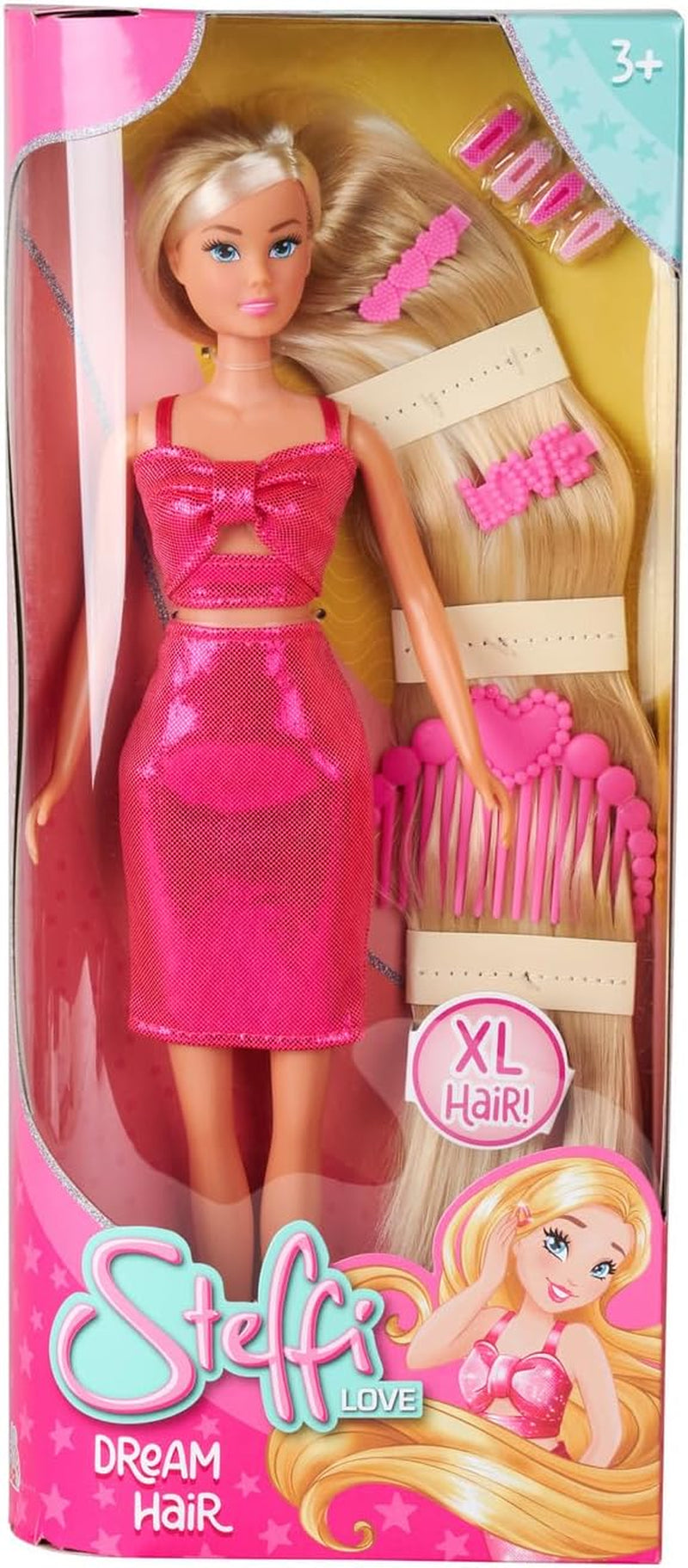 Simba Steffi Love Dream Hair – Ankleidepuppe mit extra Langen Haaren, inkl. Haarclips & Kamm, im pinken Glitzerkleid, 29 cm groß, Frisierpuppe für Kinder ab 3 Jahren