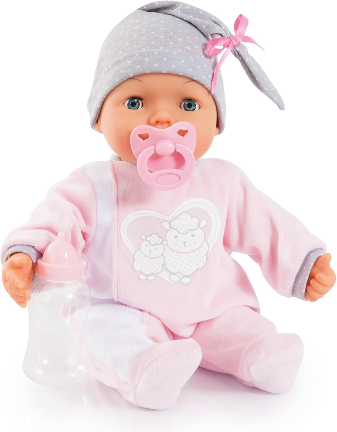 Bayer Design 93829AA My Piccolina Interactive Puppe mit Funktion, sprechend, Babypuppe bewegt den Mund, 38 cm, Schnuller, Flasche, Rosa, Grau