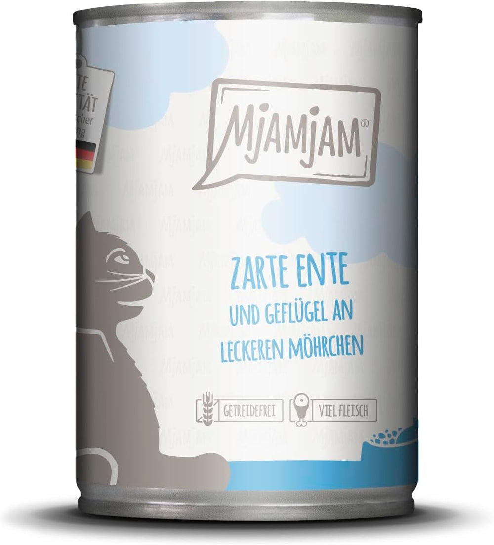 MjAMjAM - Hrană umedă premium pentru pisici - rață fragedă și carne de pasăre cu morcovi delicioși, 1 pachet (1 x 400 g), fără cereale cu carne suplimentară
