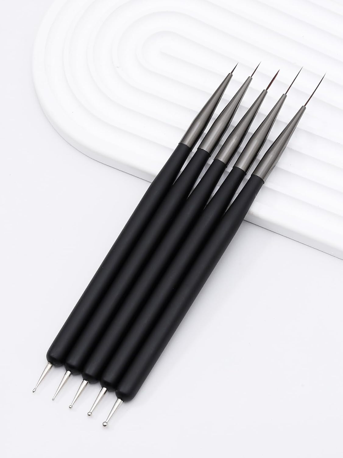 Nagelkunst-Pinsel, 5 Stück, Nailart-Pinsel, Punktierstift-Werkzeuge, Malkunst-Design-Pinsel-Set Für Lange Linien, Dünne Details, Feine Zeichnungsgrößen 7/9/11/15/22 Mm, Schwarz