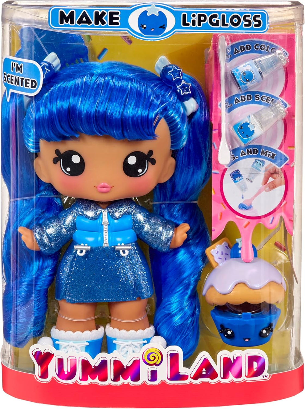 Yummiland Large Doll und Num Nom Lipgloss Pet - Rory Blueberry und Goodie - Duftende Puppe mit DIY Lipgloss-Set - Geeignet für Kinder ab 4 Jahren
