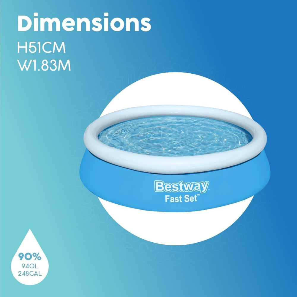 Piscină supraterană Bestway Fast Set fără pompă, Ø 183 x 51 cm, albastră, rotundă, 940 litri, material TriTech, autoasamblabilă, supapă de siguranță, incl. plasture de reparare