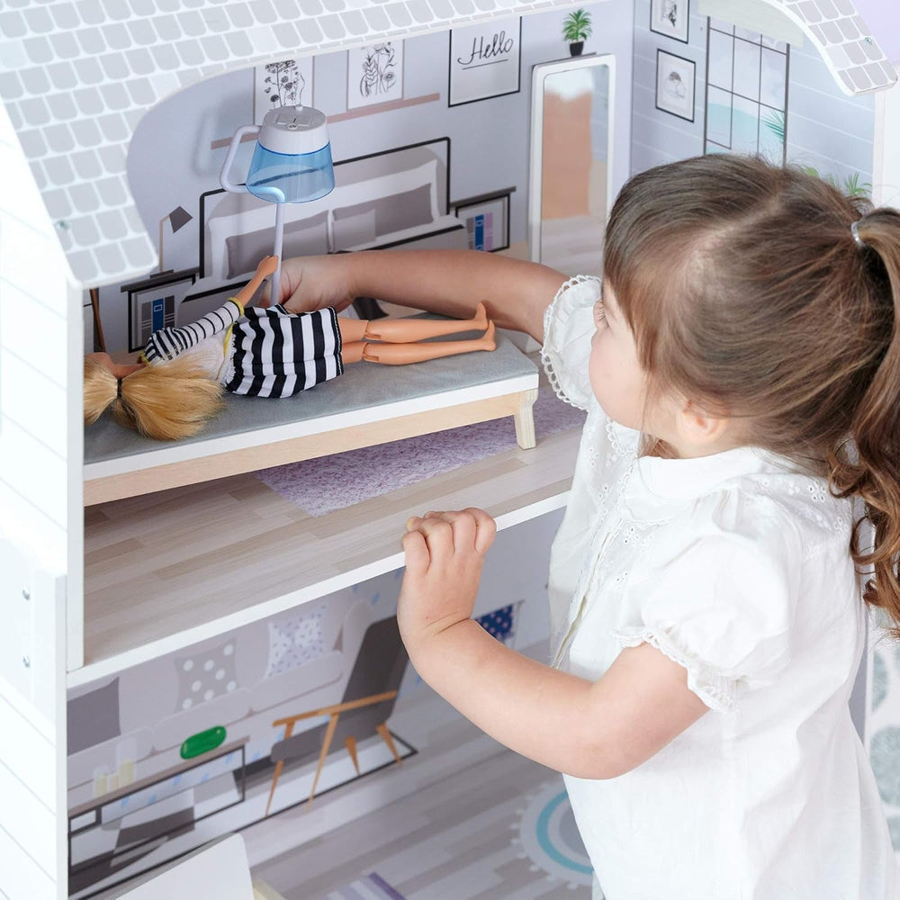 Teamson Kids Casa de păpuși gigantică Olivia's Little World cu mobilier și accesorii, casă de păpuși din lemn, joc cu 3 etaje pentru păpuși de 30 cm, vârste 3+