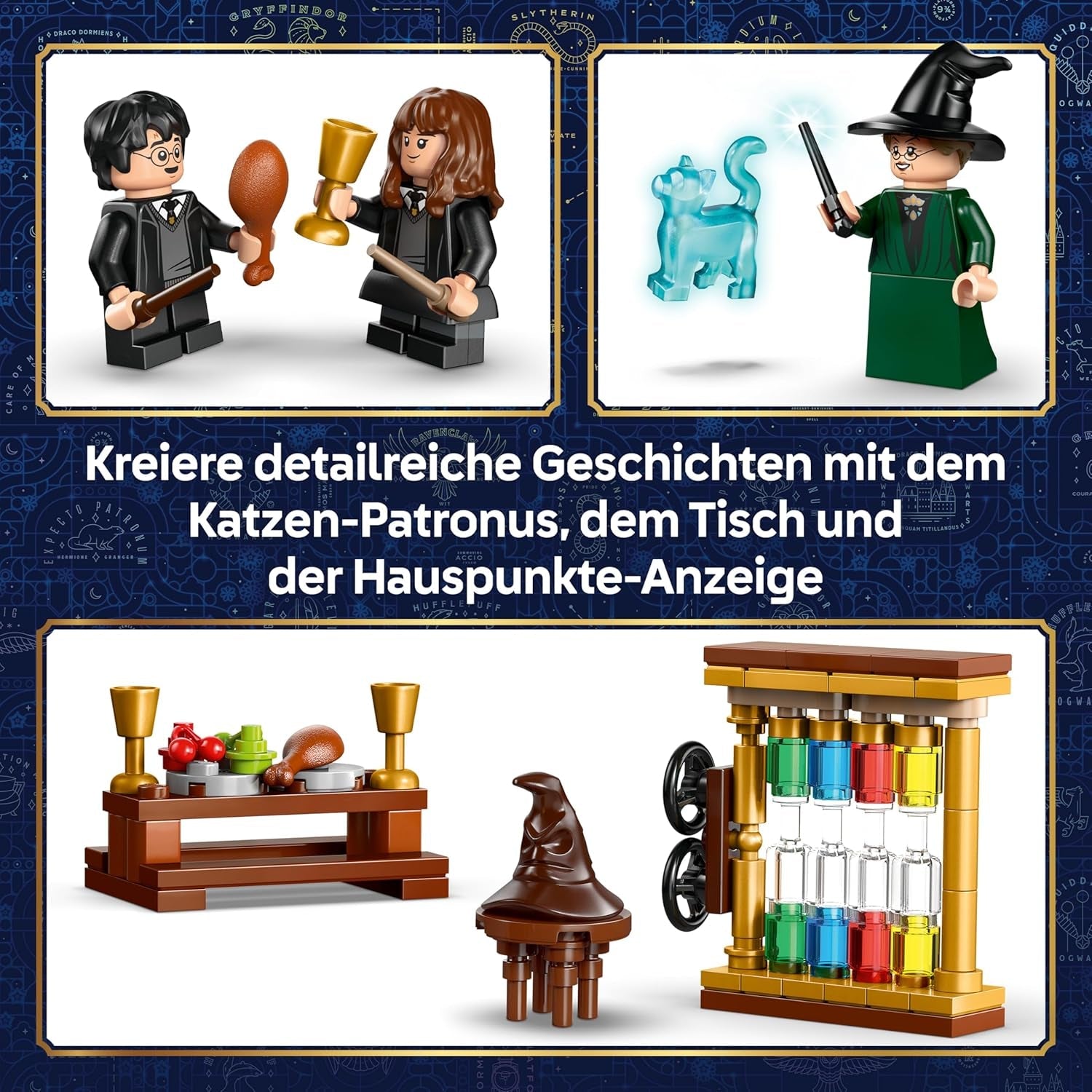 LEGO Harry Potter Schloss Hogwarts: Auswahlzeremonie mit dem Sprechenden Hut - Patronus, Hermine und Draco Malfo Minifiguren mit Zauberstäben, Spinnrad - Geschenk für Kinder ab 7 Jahren - 76460