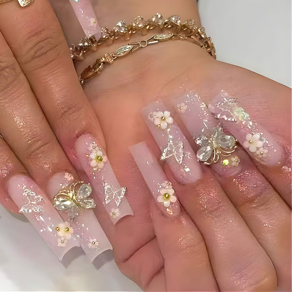 24 buc unghii lungi cu presă pe unghii sicriu unghii artificiale fluture floare unghii adezive alb maro set unghii acrilice sfaturi unghii femei primăvară vară accesorii unghii