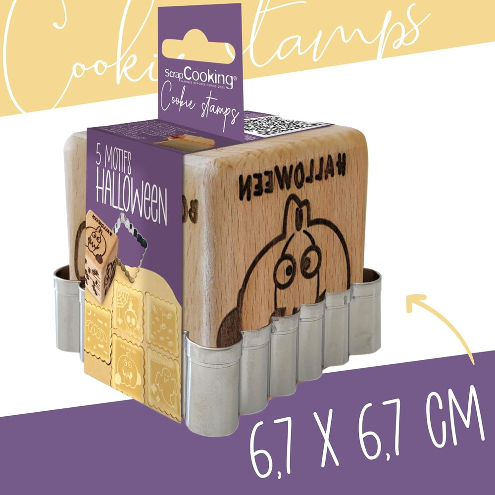 ScrapCooking – Ștampilă din lemn pentru patiserie cu modele de Halloween – cu 1 formă de biscuiți și formă de cub cu 5 fețe gravate în relief – 5298