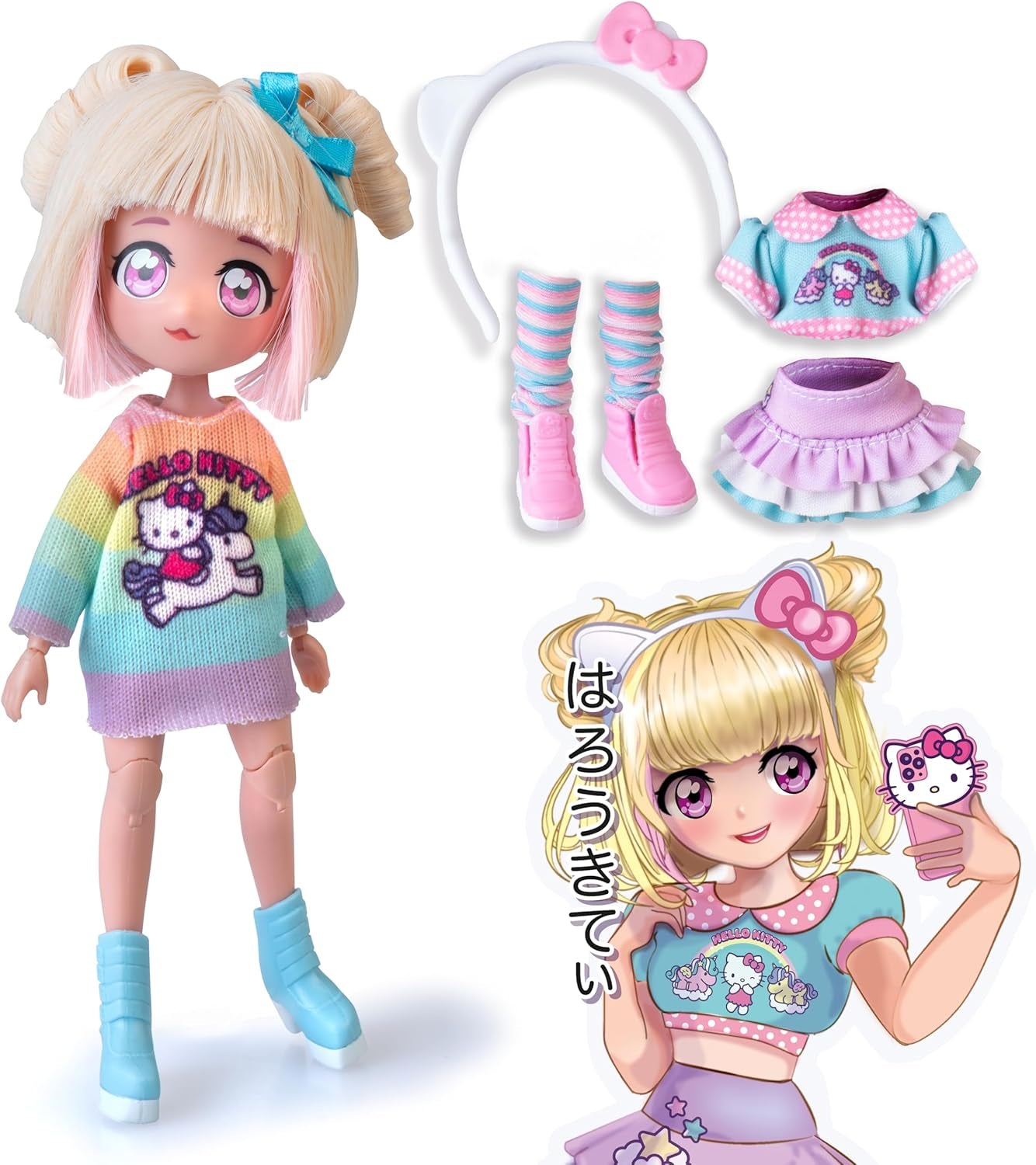 4SF -  Manga Fashion Unicorns, Japanische Fashion Puppe, Figur von 19,5 cm mit 15 Gelenkpunkten, Inklusive Ra-Ra-Rock, Beinstulpen und Haarband mit Ohren, Famosa (HKTF2000)