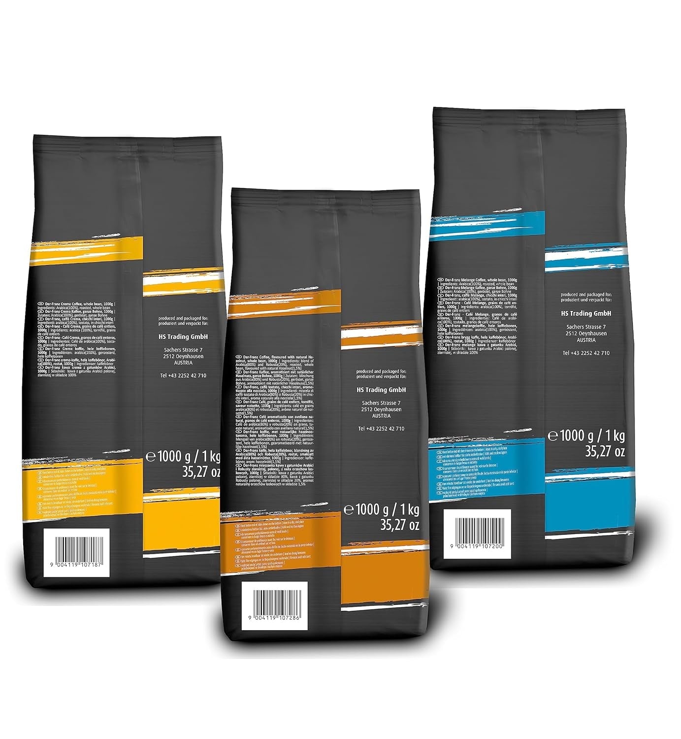 Pachet de cafea Der-Franz TOP 3 - Crema, Melange, Alune, Boabele întregi, 3 x 1000g