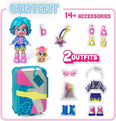 Suzie's Suitcase - Puppenkoffer mit über 14 Modeaccessoires und exklusiver Puppe mit 3 lustigen Ausdrücken. Enthält Kleidung, Accessoires und Schuhe, Kleiderbügel und ein exklusives Haustier