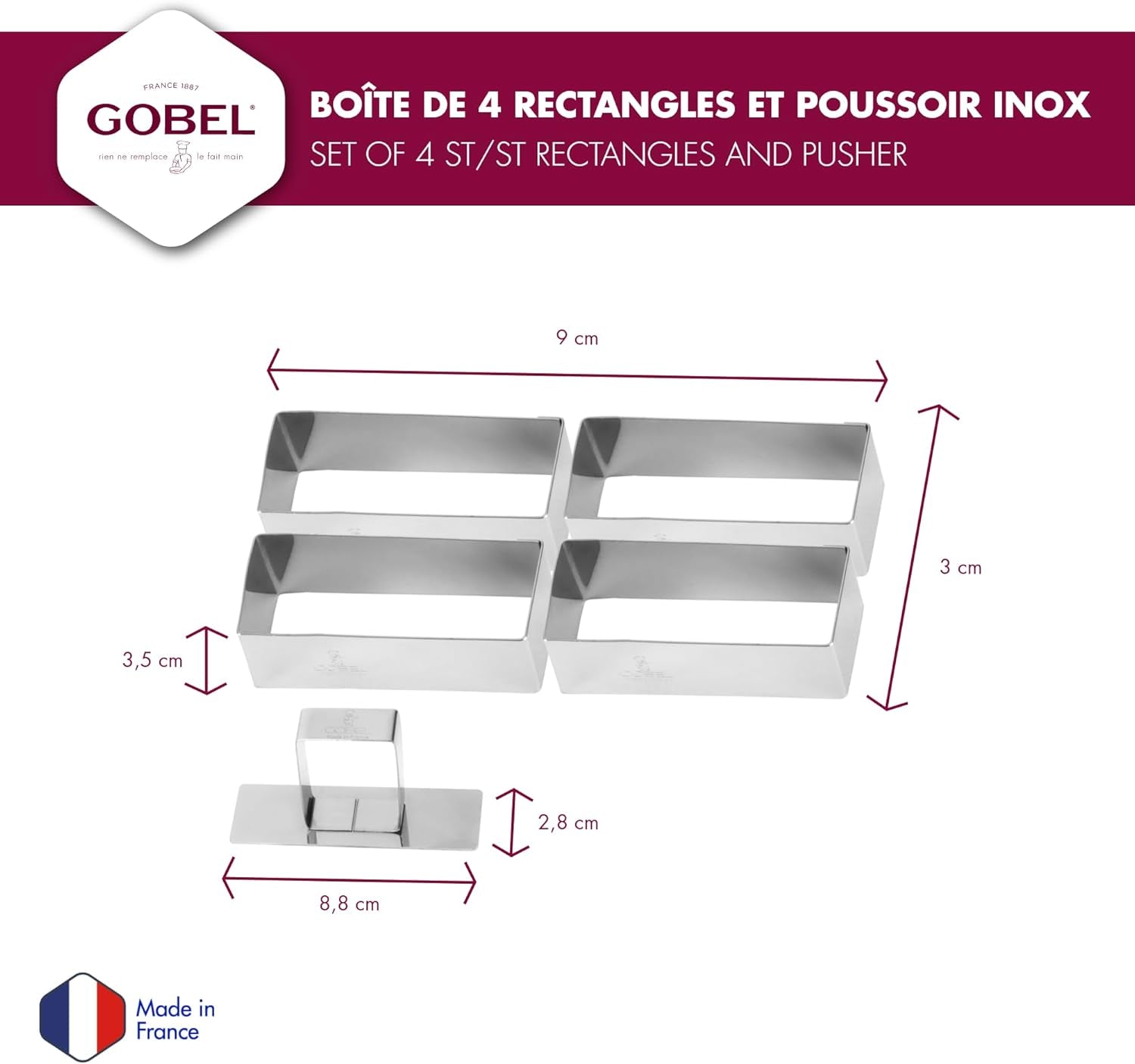 881780 Cutie conține 4 forme dreptunghiulare + pistil din oțel inoxidabil.