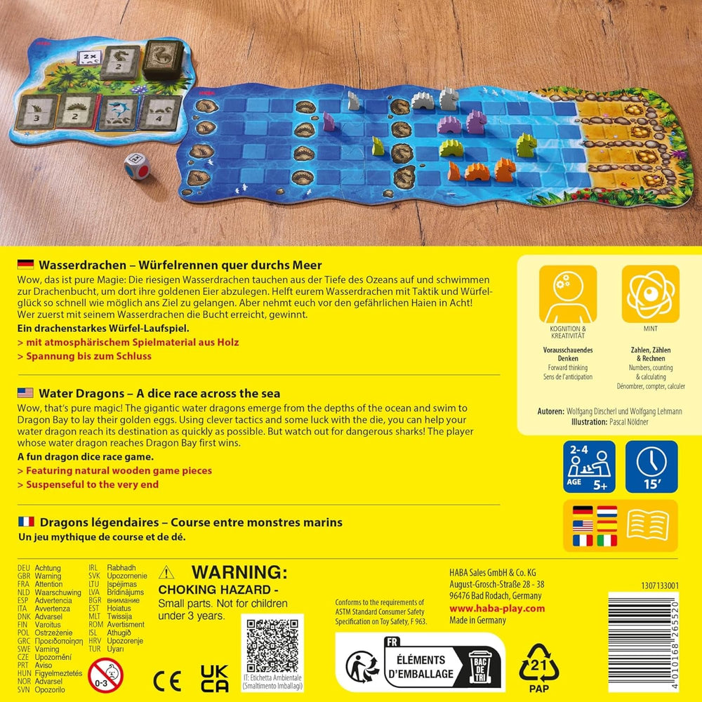 HABA Dragoni de Apă – Joc de zaruri și strategie pentru copii de la 5 ani în sus – Joc de societate captivant cu dragoni și figurine din lemn – Joc de familie pentru 2-4 jucători – 1307133001