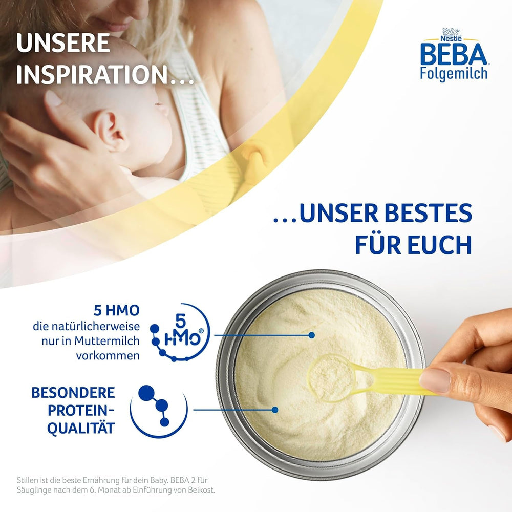 BEBA 2 - Lapte de continuare după 6 luni, cu complex 5 HMO, conținut proteic adecvat vârstei, fără lactoză, fără ulei de palmier, fără ulei de pește, hrană pentru bebeluși, lapte praf pentru bebeluși, pachet de 3 (3 x 800g)