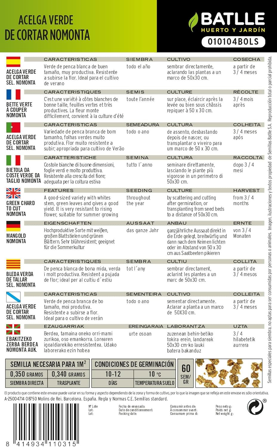 Batlle Gemüsesamen - Grüner Schnitt-Mangold Nomonta (600 Samen)