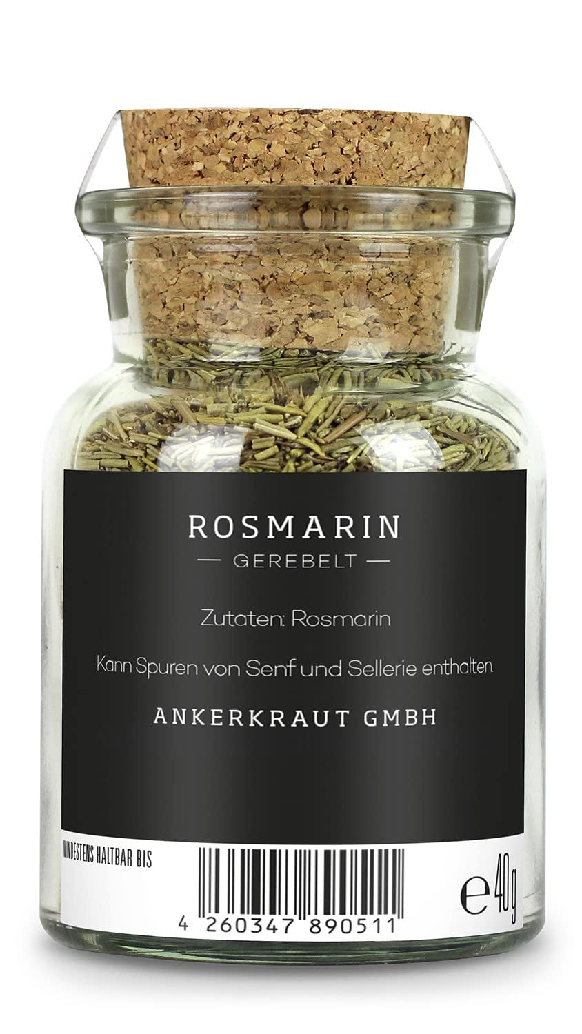 Ankerkaut Rosmarin Gewürz, gerebelt, getrocknet, perfekt für Kartoffeln, Essen mit Kartoffel würzen, Kartoffelspalten, Wedges, Gitterkartoffeln würzen, 40g im Korkenglas