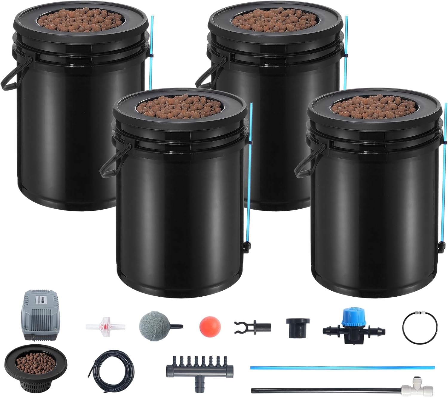 Sistem de creștere hidroponică VEVOR DWC, sisteme de creștere hidroponică cu kit de picurare în ghiveci, cultură în apă adâncă, 4 găleți de 20 l, cu pompă de aer, pietre de aer și indicator al nivelului apei pentru legume cu frunze verzi