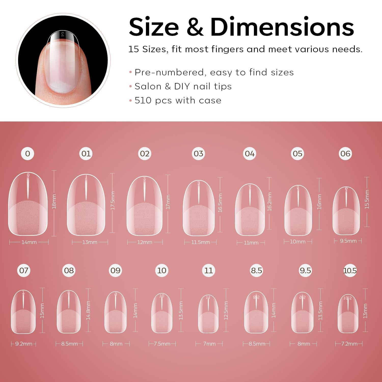 Modelones Tips Unghii 510 Piese - Set Tips Unghii Acoperire Completă, Set Tips Gel, Tips Unghii Rășină PMMA Pre-Lustruire, Unghii Artificiale pentru Lipire pe Nail Art DIY, Squoval Scurt