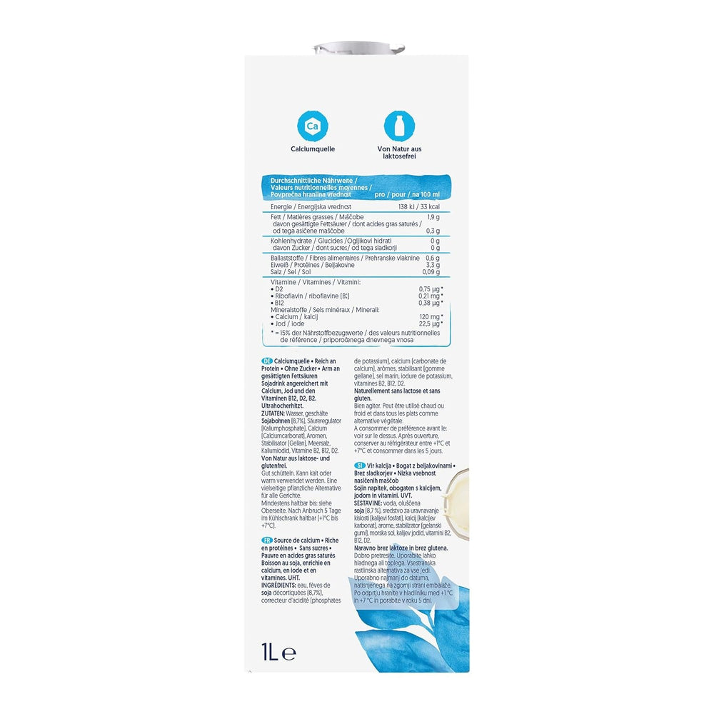 Alpro Sojadrink – Vegan und milchfrei – Von Natur aus laktosefrei und fettarm – Reich an pflanzlichen Proteinen, beinhaltet Calcium und Vitamine – 8 x 1 L – Haltbar