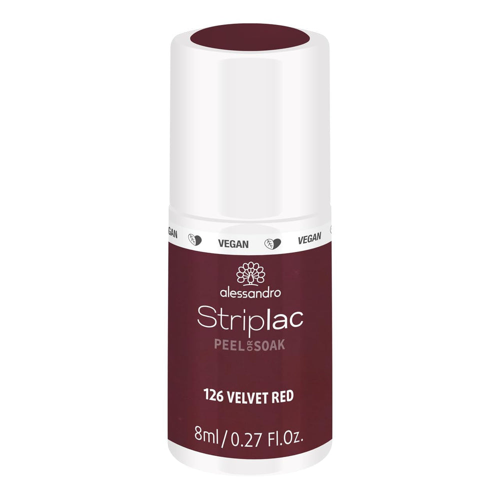 Oja UV alessandro Striplac Elegant Ruby – Delicată și de lungă durată – Îndepărtare ușoară datorită tehnologiei de îndepărtare peel-off – Vegană și cruelty-free – 8 ml