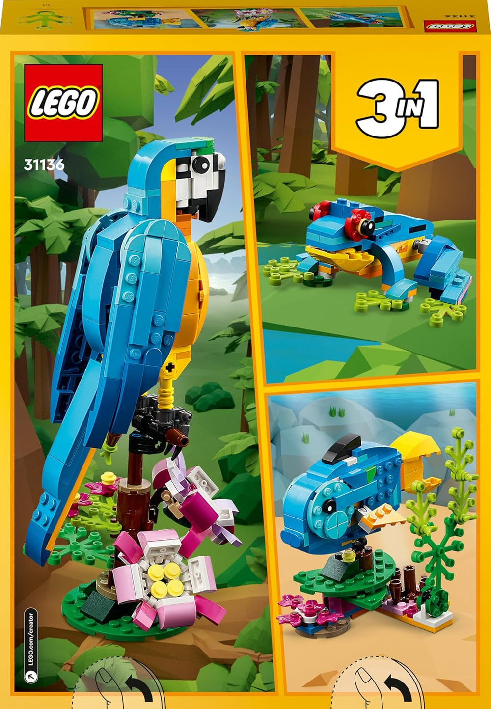 LEGO Creator 3in1 Exotischer Papagei - Konstruktionsspielzeug mit DREI Tierfiguren - Spielzeug mit Papagei, Fisch und Frosch Minifiguren - Kreatives Geschenk für Mädchen und Jungen ab 7 Jahren 31136