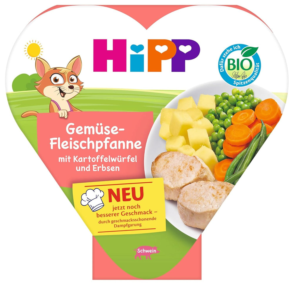 HiPP Sote de legume și carne organice cu cartofi tăiați cubulețe și mazăre (6 x 250g), masă de la 1 an, gătit ușor la abur, vegetarian, condimentat corespunzător pentru copii, calitate organică