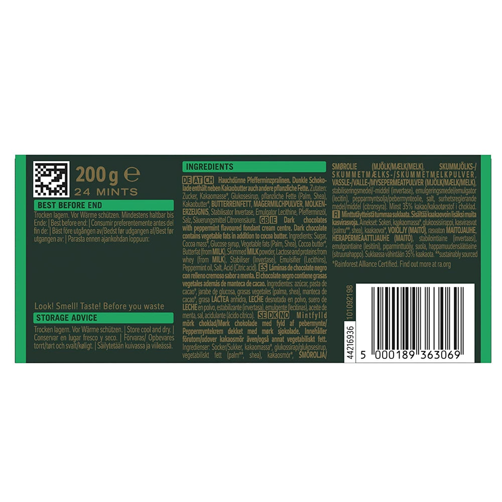 NESTLÉ AFTER EIGHT, pătrățele subțiri de ciocolată neagră cu umplutură de cremă de mentă pentru cunoscători, pachet de 5 (1 x 200g)