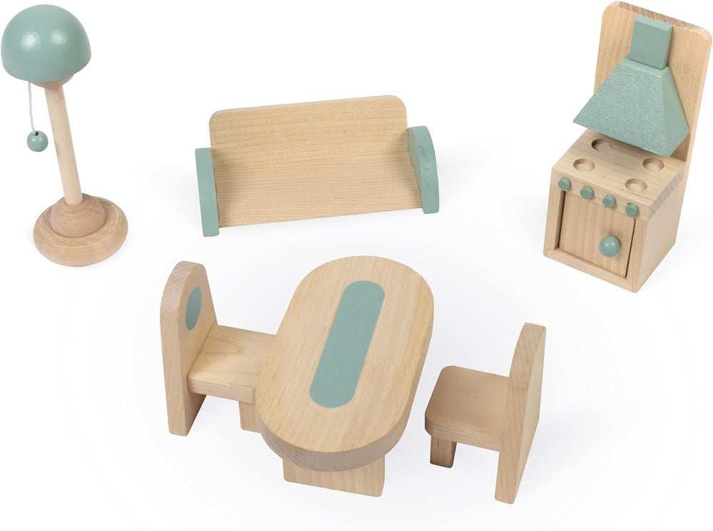 Janod – Prima mea casă de păpuși din lemn – 10 accesorii – Mobilier pentru păpuși – Uși magnetice și acoperiș detașabil – Jucărie din lemn certificat FSC – Vârste 3+
