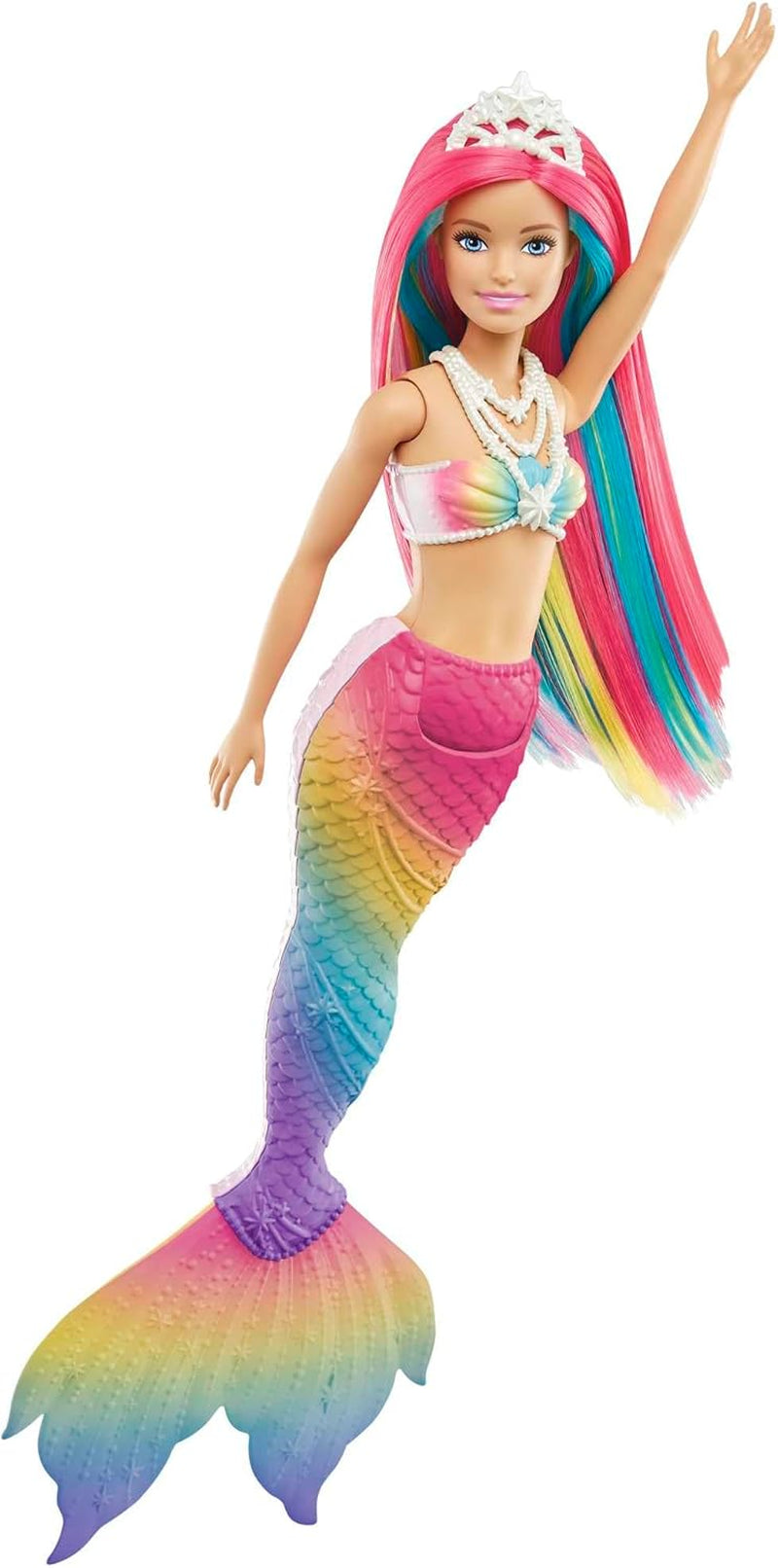 Barbie Dreamtopia Sirena Magică Curcubeu, Sirenă Barbie cu Păr Curcubeu, Păpușă care își Schimbă Culoarea, Activată de Apă, Jucărie pentru Vârste de 3 Ani și Peste, Cadou pentru Fete, GTF89
