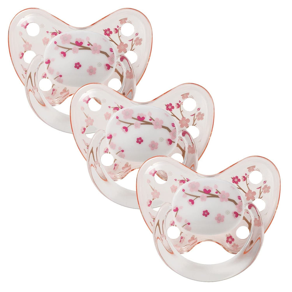 Suzetă din silicon Dentistar®, pachet de 3 – mărimea 1, suzetă 0-6 luni – prietenoasă cu dinții și maxilarul, cu etapă dentară – fără BPA – fabricată în Germania – floare de cireș