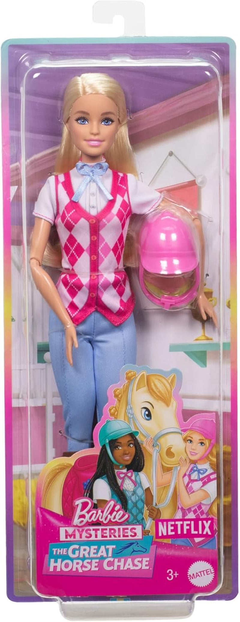 Păpușa Barbie Malibu și accesorii din Barbie Mysteries: Aventura secretă a cailor, inclusiv păpușă la modă, costum de călărie detașabil și cască, HXJ38